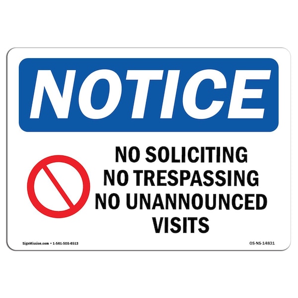 OSHA Sign, 18" H, 24" W, Rigid Plastic, No Soliciting No Trespassing Sign With Symbol, Landscape